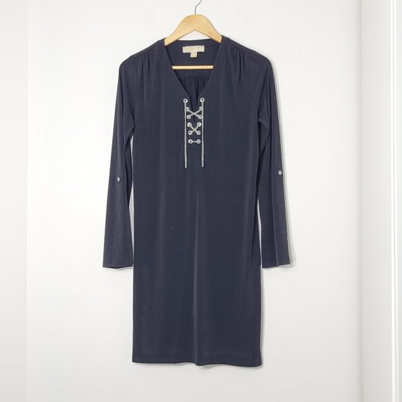 Michael Kors Women's Black Long Sleeve Lace Up Detail Neckline Midi Dress Small - Picture 2 of 15